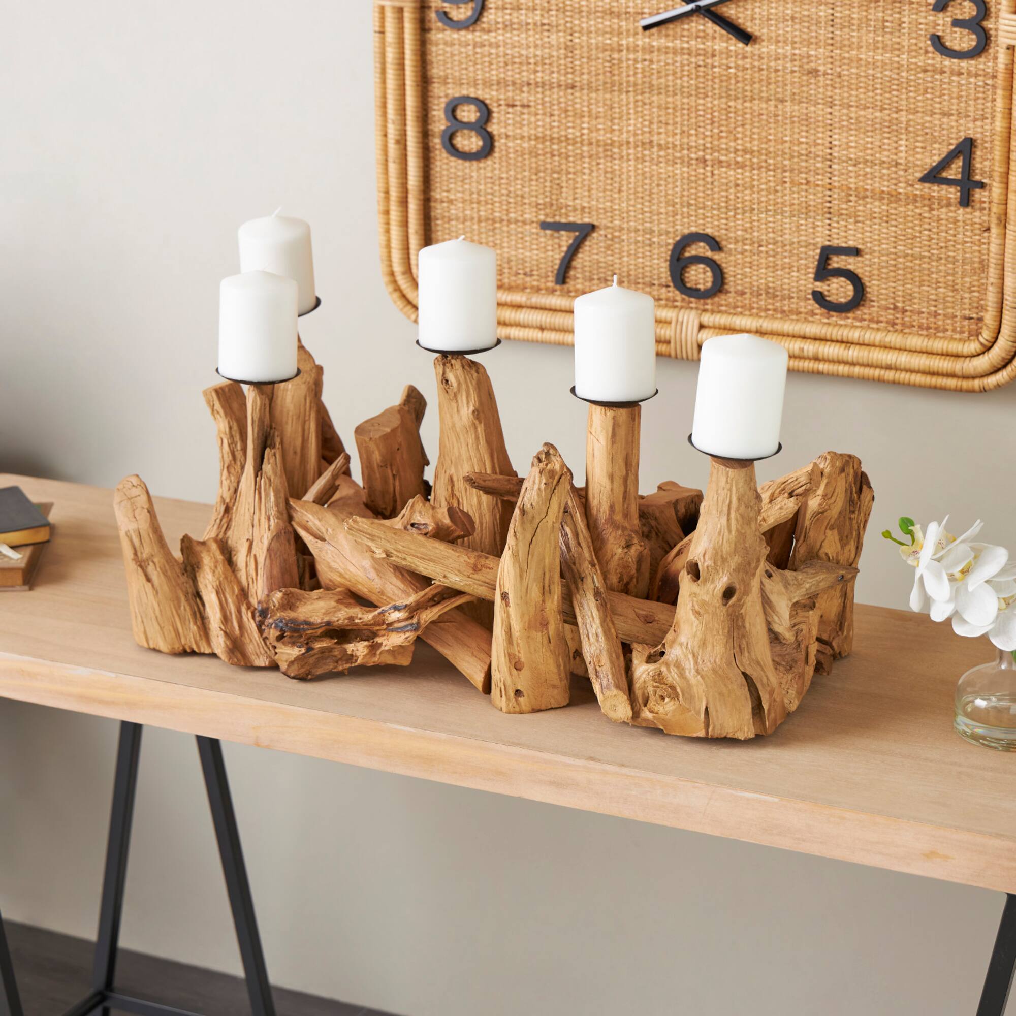 27" Brown Teak Wood Handmade Live Edge Candelabra